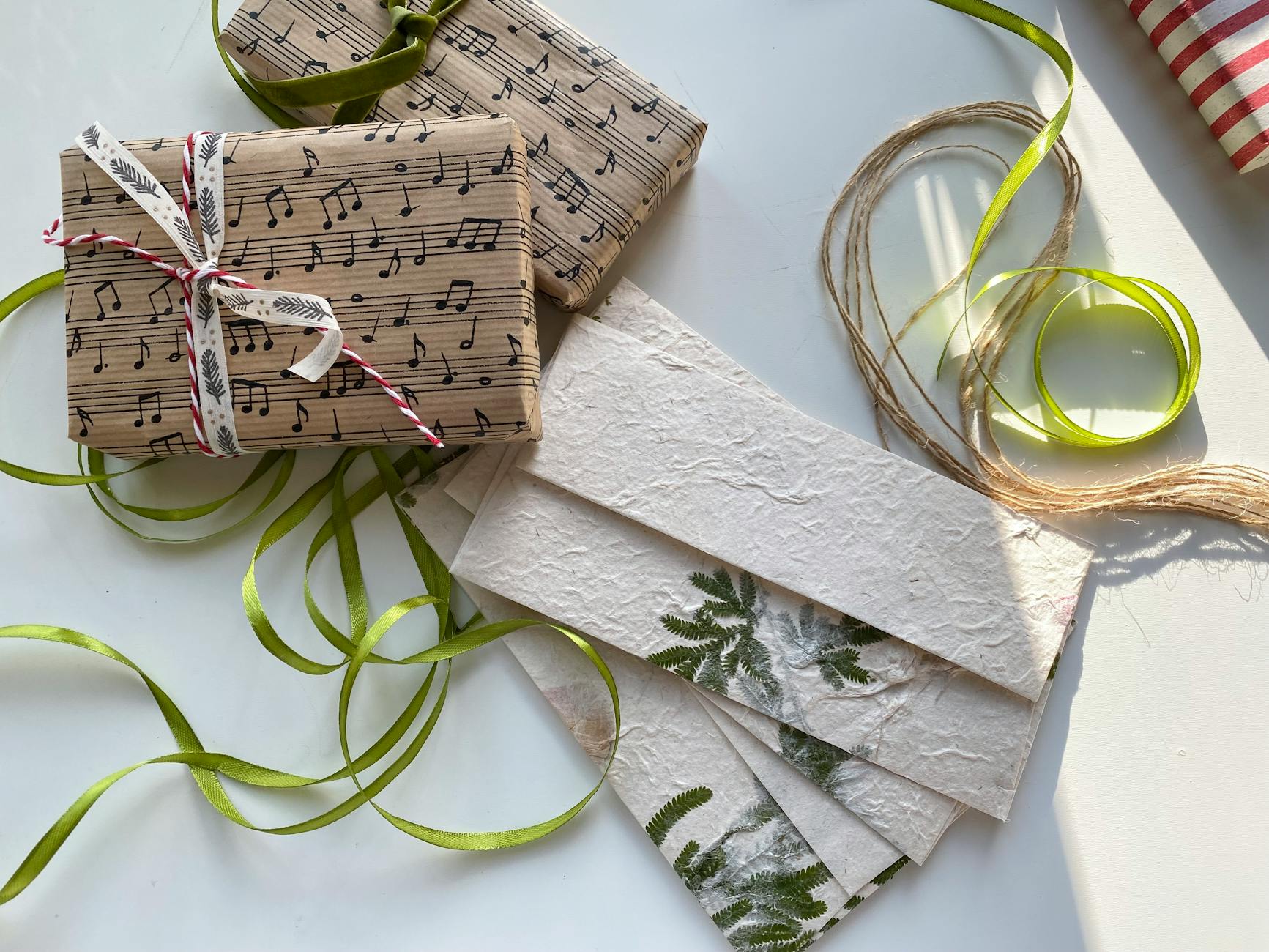 Traditional noshi paper decoration with red and white folded strips attached to a wrapped gift box with mizuhiki cord.