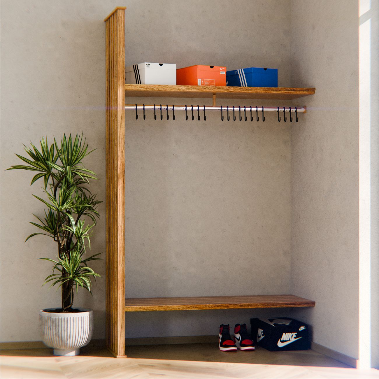 Traditional Japanese genkan entryway with wooden step, neatly arranged shoes on lower floor, and sliding door visible above.