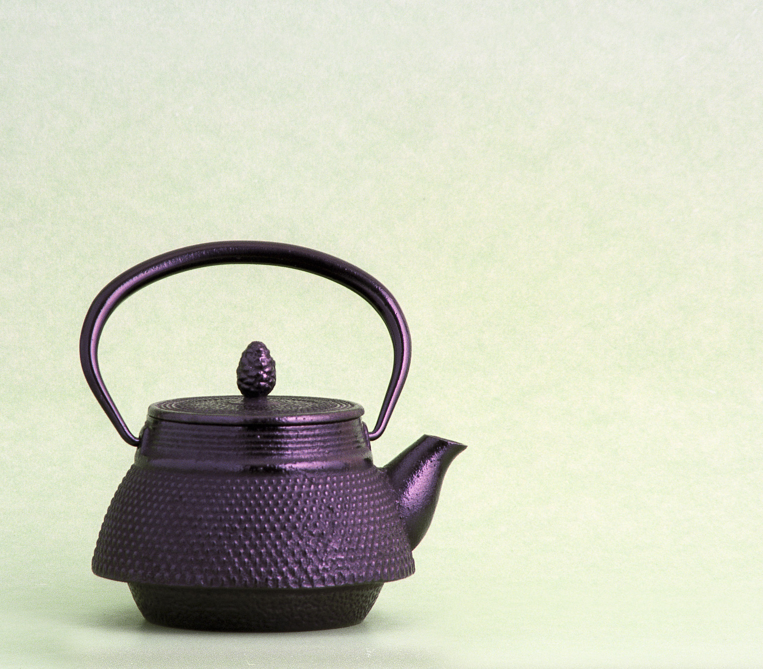 Traditional Nambu tekki iron kettle with raised dot pattern and curved handle, displayed on wooden surface in Morioka workshop.