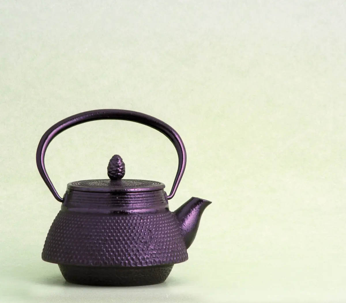 Traditional Nambu tekki iron kettle with raised dot pattern and curved handle, displayed on wooden surface in Morioka workshop.