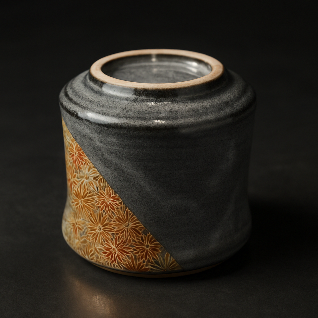 Karatsu ware tea bowl with ash glaze and natural iron markings resting on bamboo mat beside whisked matcha.