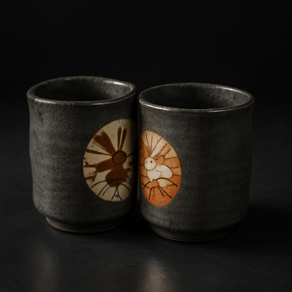Stoneware pottery bowl with rough earth-toned glaze beside translucent white porcelain cup showing light passing through thin walls