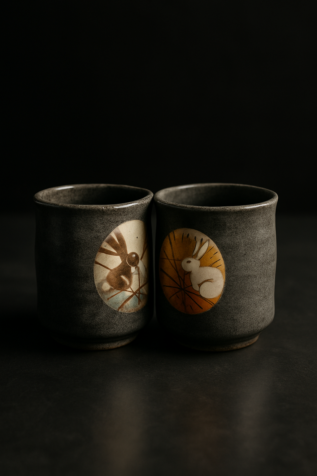 Stoneware pottery bowl with rough earth-toned glaze beside translucent white porcelain cup showing light passing through thin walls