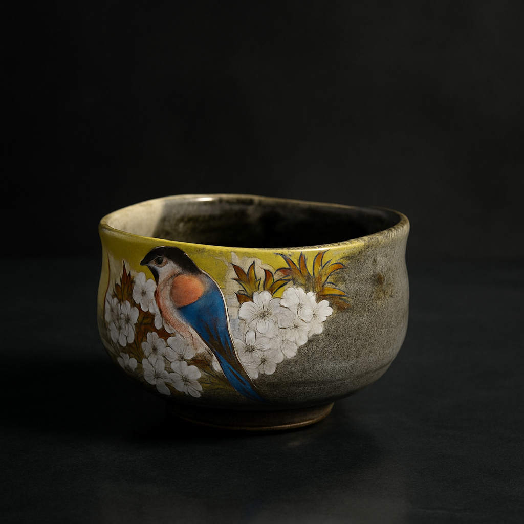 Traditional Japanese ceramic bowl with crackled glaze showing fine crazing lines that can trap moisture in dishwashers.