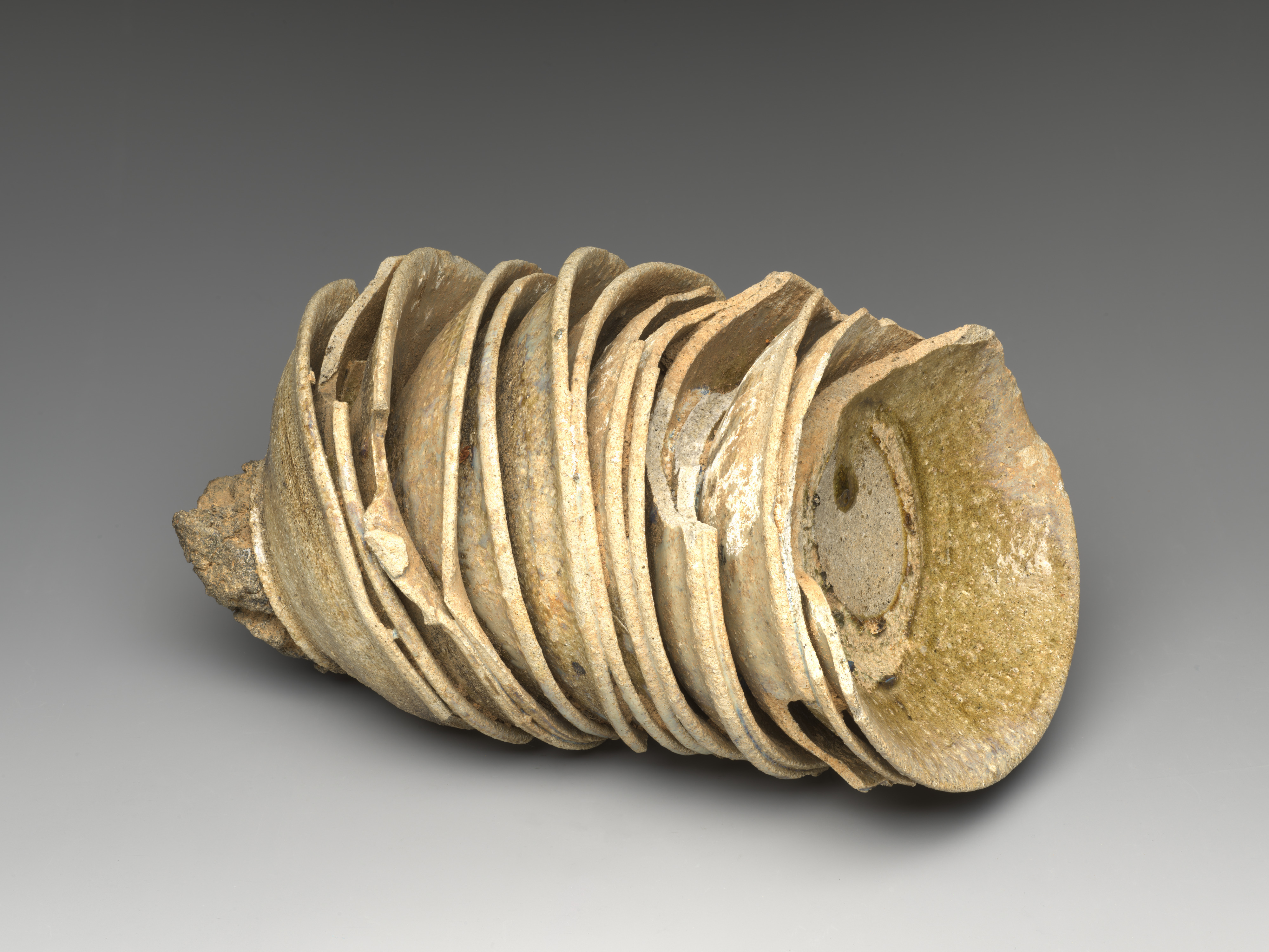 Cluster of 13th-century Japanese yama-chawan tea bowls fused together from a kiln-stacking accident, excavated